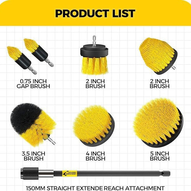 Yellow and Black Complete 7-Piece Drill Brush Power Scrubber Set - All-Purpose Cleaning Kit for Bathroom, V888-ELOSUNG32805