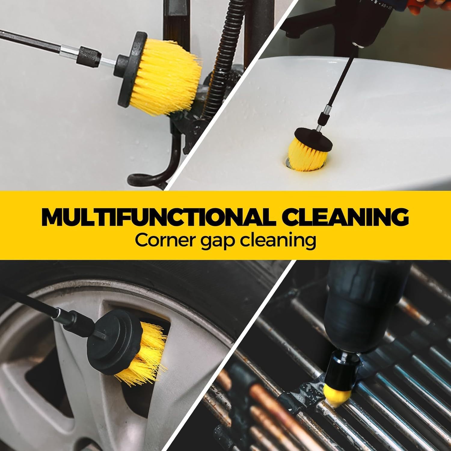 Yellow and Black Complete 7-Piece Drill Brush Power Scrubber Set - All-Purpose Cleaning Kit for Bathroom, V888-ELOSUNG32805