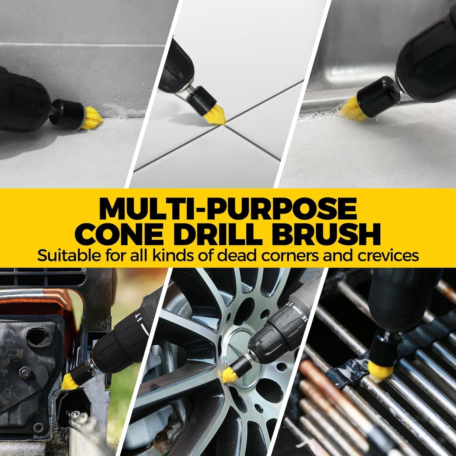 Yellow and Black Complete 7-Piece Drill Brush Power Scrubber Set - All-Purpose Cleaning Kit for Bathroom, V888-ELOSUNG32805