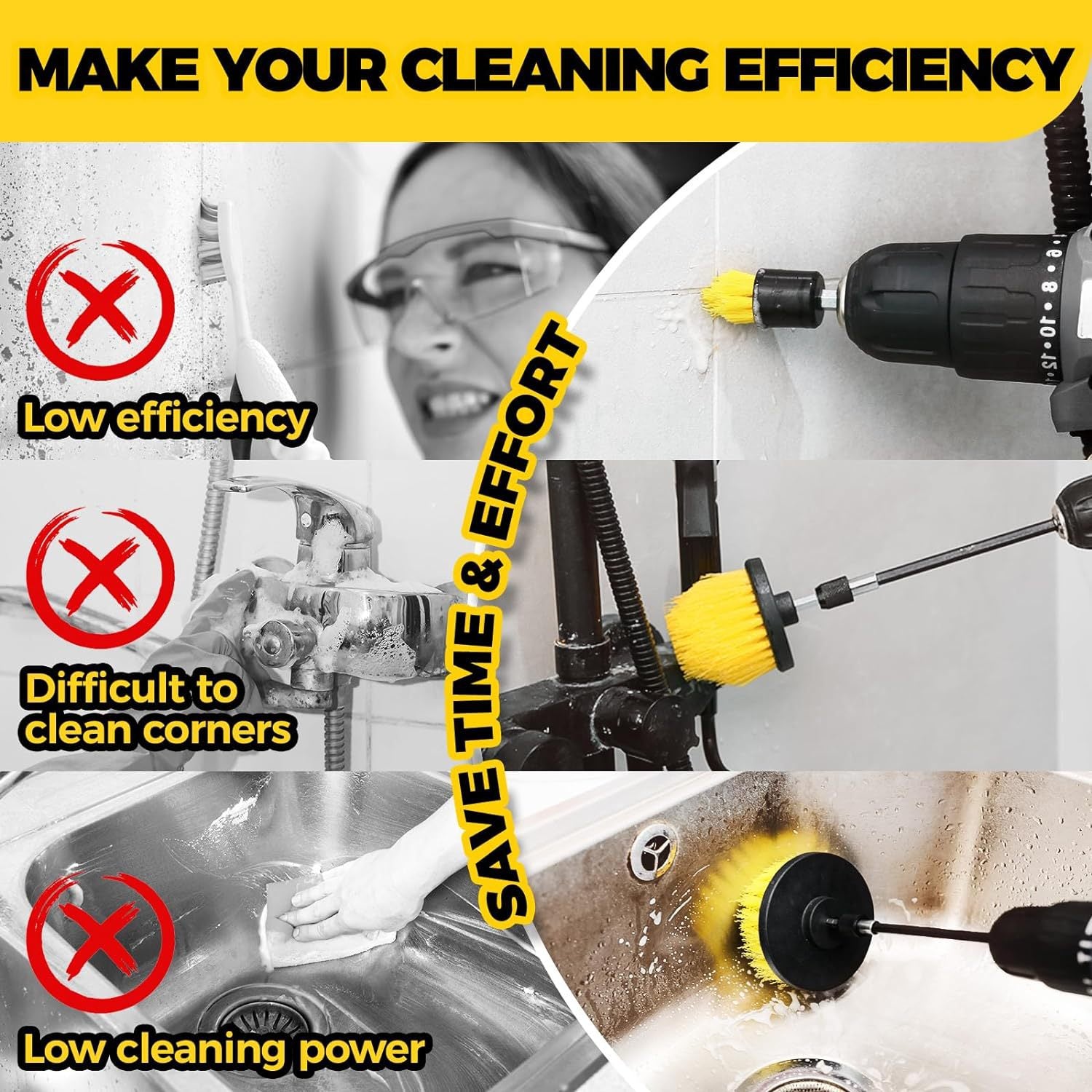 Yellow and Black Complete 7-Piece Drill Brush Power Scrubber Set - All-Purpose Cleaning Kit for Bathroom, V888-ELOSUNG32805