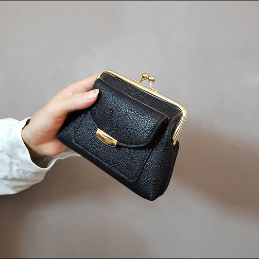 Black Vintage Style Women's Kiss Lock Coin Purse - Compact PU Leather Wallet with Card Holder V888-ELOSUNG32816