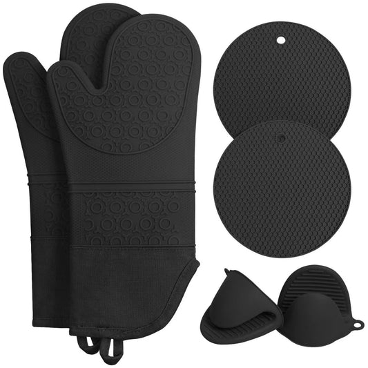 Black 6-Piece Silicone Oven Mitts and Pot Holders Set - Extra Long Waterproof Heat Resistant Gloves with V888-ELOSUNG32826