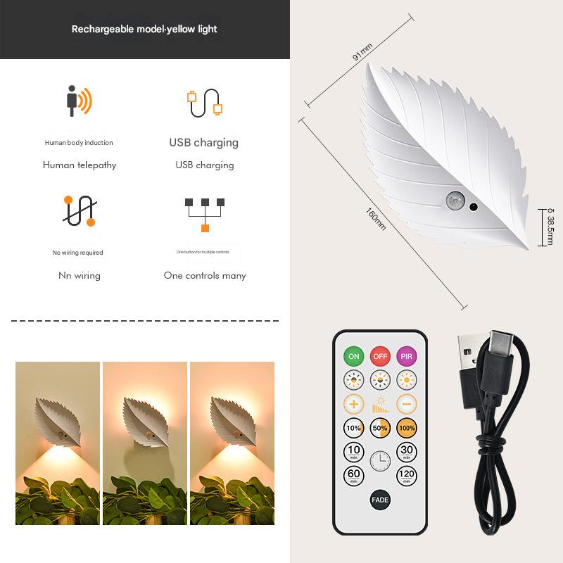 White Leaf-Shaped LED Motion Sensor Night Light - USB Rechargeable Wireless Wall Lamp with Remote Control V888-ELOSUNG32831