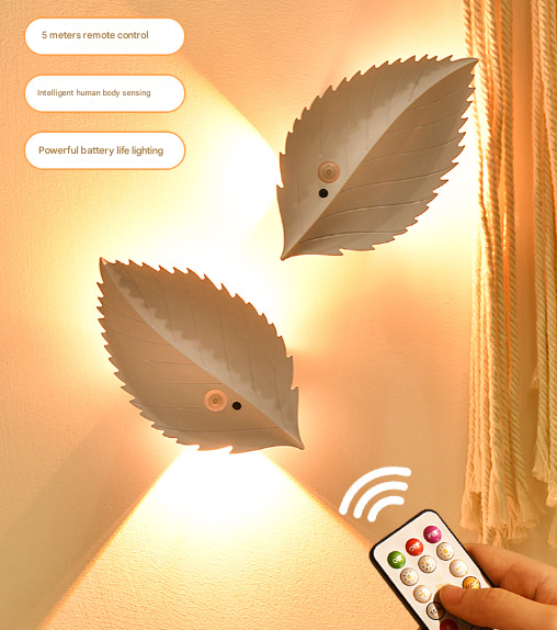 White Leaf-Shaped LED Motion Sensor Night Light - USB Rechargeable Wireless Wall Lamp with Remote Control V888-ELOSUNG32831