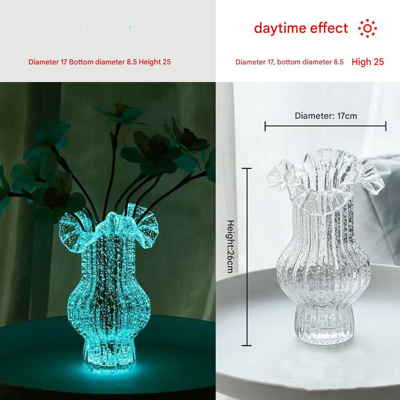 Transparent Elegant Glow-in-the-Dark Glass Vase - Vintage-Style Ruffled & Ribbed Centrepiece V888-ELOSUNG32841