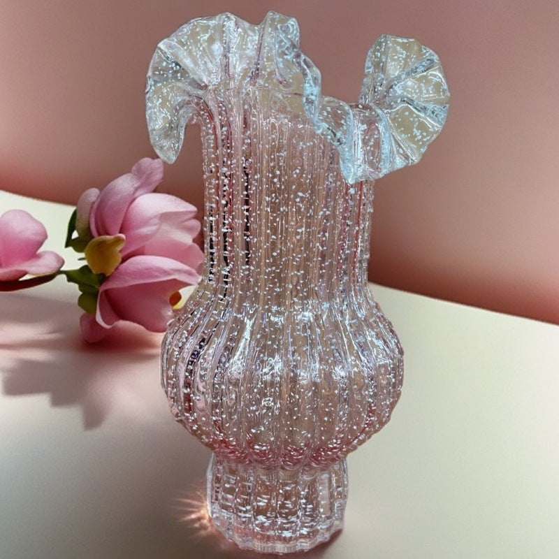 Transparent Elegant Glow-in-the-Dark Glass Vase - Vintage-Style Ruffled & Ribbed Centrepiece V888-ELOSUNG32841