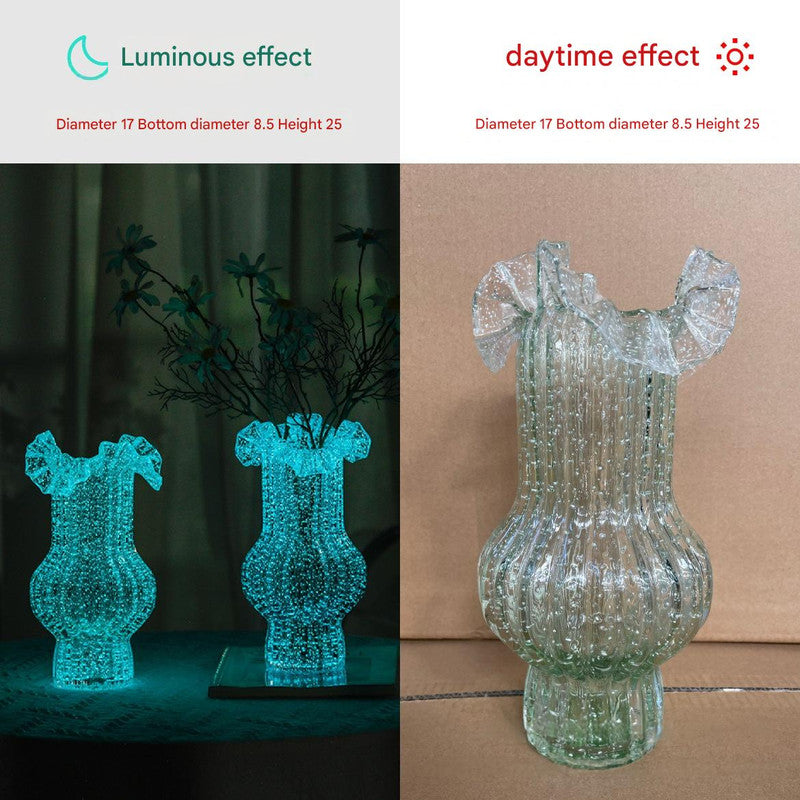 Green Elegant Glow-in-the-Dark Glass Vase - Vintage-Style Ruffled & Ribbed Centrepiece V888-ELOSUNG32842