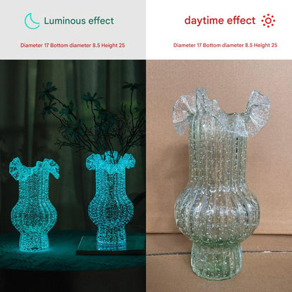 Green Elegant Glow-in-the-Dark Glass Vase - Vintage-Style Ruffled & Ribbed Centrepiece V888-ELOSUNG32842