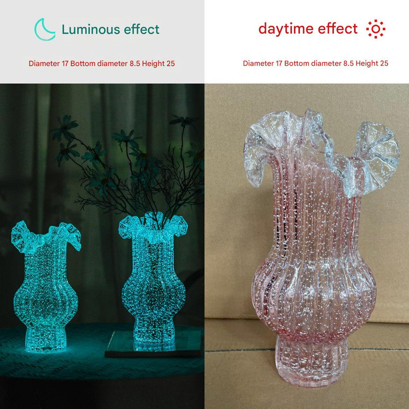 Pink Elegant Glow-in-the-Dark Glass Vase - Vintage-Style Ruffled & Ribbed Centrepiece V888-ELOSUNG32843