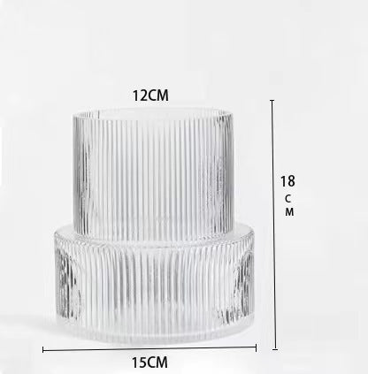 Transparent Modern Two-Tier Ribbed Glass Vase - Elegant Cylindrical Flower Centrepiece for Home Decor V888-ELOSUNG32844