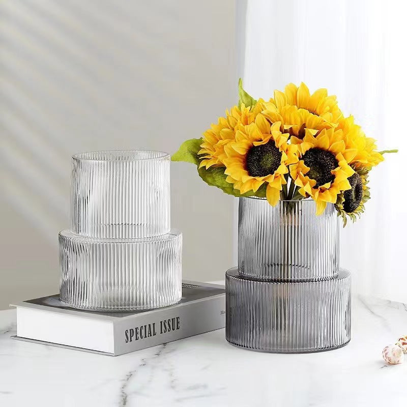 Transparent Modern Two-Tier Ribbed Glass Vase - Elegant Cylindrical Flower Centrepiece for Home Decor V888-ELOSUNG32844