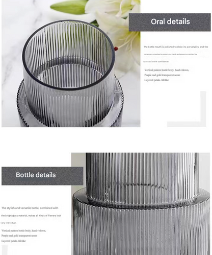 Transparent Modern Two-Tier Ribbed Glass Vase - Elegant Cylindrical Flower Centrepiece for Home Decor V888-ELOSUNG32844