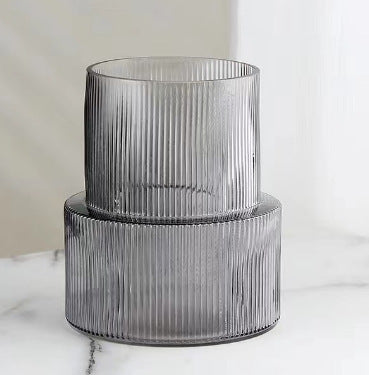 Grey Modern Two-Tier Ribbed Glass Vase - Elegant Cylindrical Flower Centrepiece for Home Decor V888-ELOSUNG32845