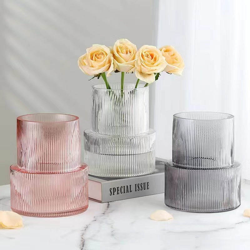 Grey Modern Two-Tier Ribbed Glass Vase - Elegant Cylindrical Flower Centrepiece for Home Decor V888-ELOSUNG32845