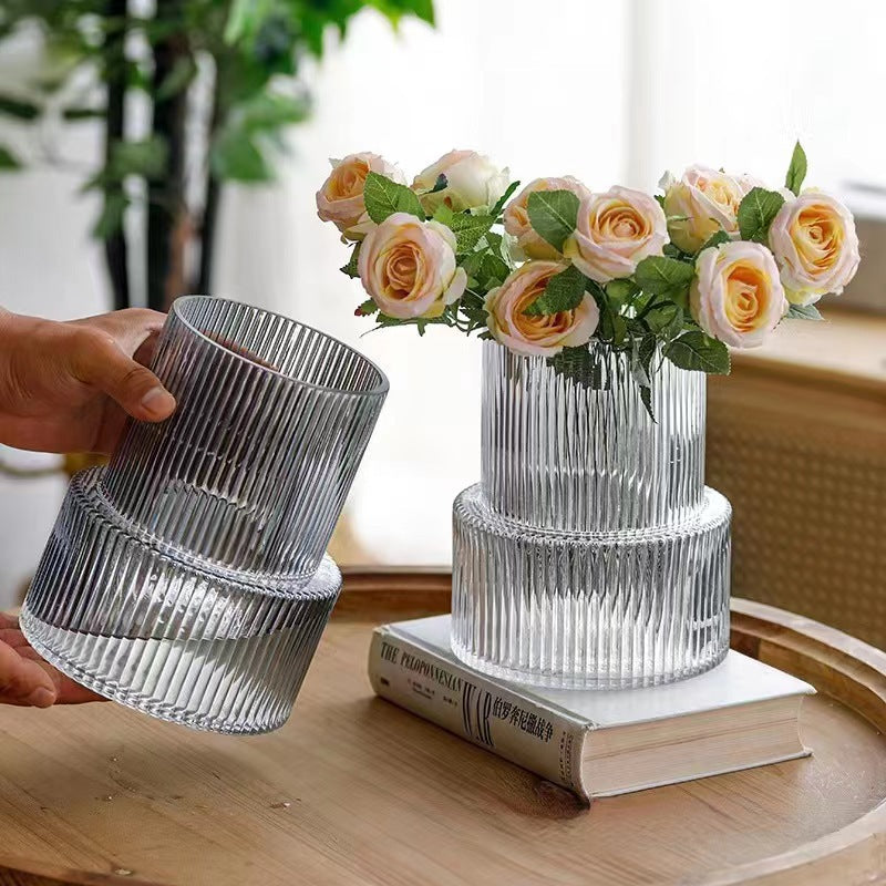 Pink Modern Two-Tier Ribbed Glass Vase - Elegant Cylindrical Flower Centrepiece for Home Decor V888-ELOSUNG32846