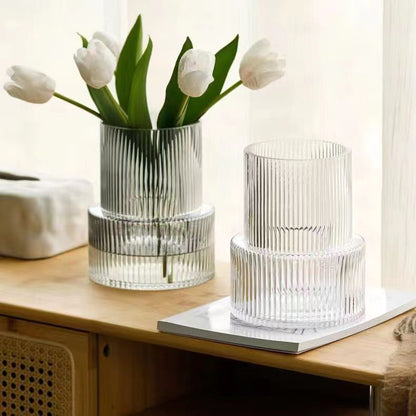 Pink Modern Two-Tier Ribbed Glass Vase - Elegant Cylindrical Flower Centrepiece for Home Decor V888-ELOSUNG32846