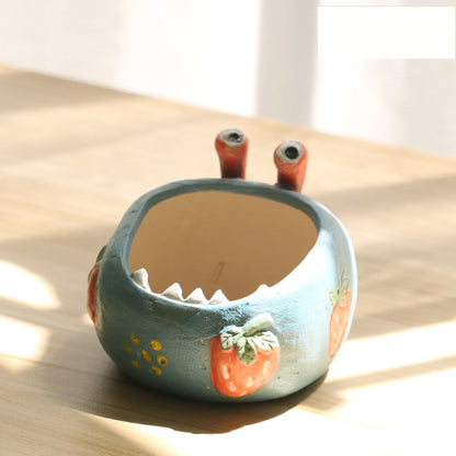 2 Pcs Blue Whimsical Monster Ceramic Succulent Planter - Hand-Painted Character Pot with Drainage V888-ELOSUNG32848