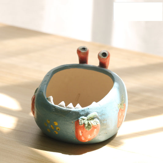 2 Pcs Blue Whimsical Monster Ceramic Succulent Planter - Hand-Painted Character Pot with Drainage V888-ELOSUNG32848