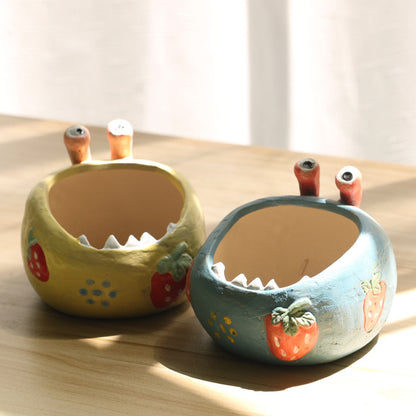 2 Pcs Blue Whimsical Monster Ceramic Succulent Planter - Hand-Painted Character Pot with Drainage V888-ELOSUNG32848