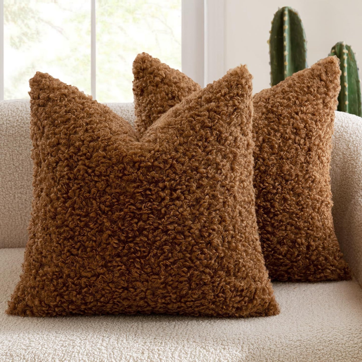 2 Pcs Brown Cozy Teddy Boucle Cushion Cover - Plush Decorative Square Pillow Case for Sofa & Bed V888-ELOSUNG32852