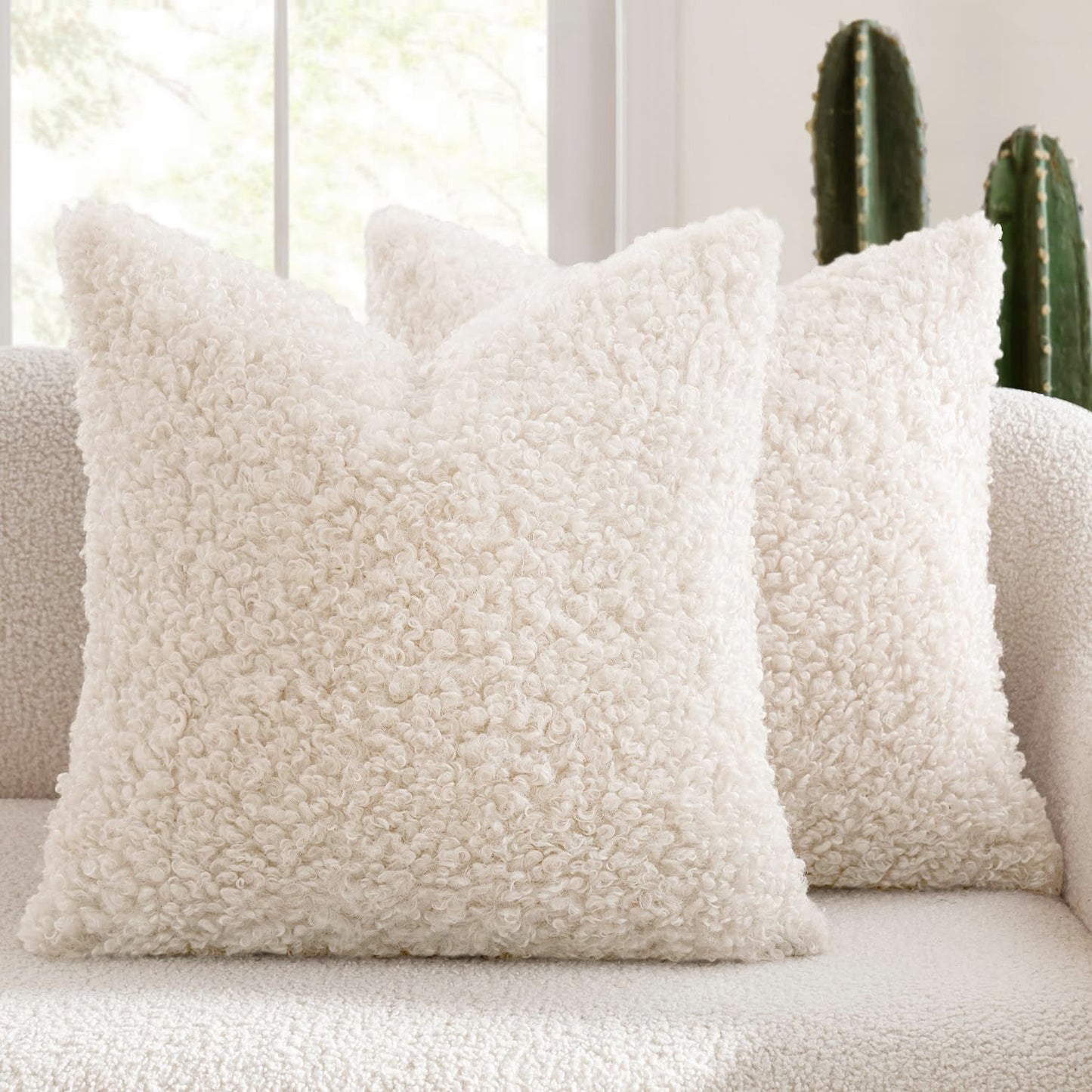 2 Pcs White Cozy Teddy Boucle Cushion Cover - Plush Decorative Square Pillow Case for Sofa & Bed V888-ELOSUNG32853