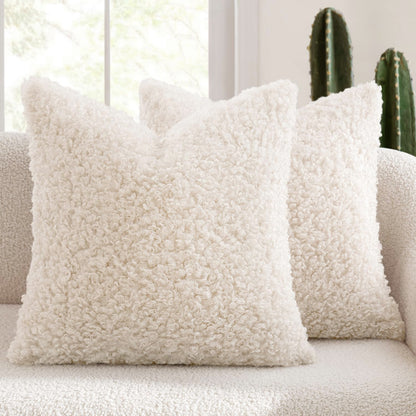 2 Pcs White Cozy Teddy Boucle Cushion Cover - Plush Decorative Square Pillow Case for Sofa & Bed V888-ELOSUNG32853