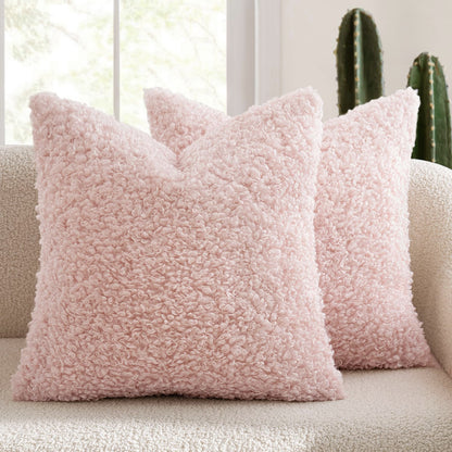 2 Pcs Pink Cozy Teddy Boucle Cushion Cover - Plush Decorative Square Pillow Case for Sofa & Bed V888-ELOSUNG32854