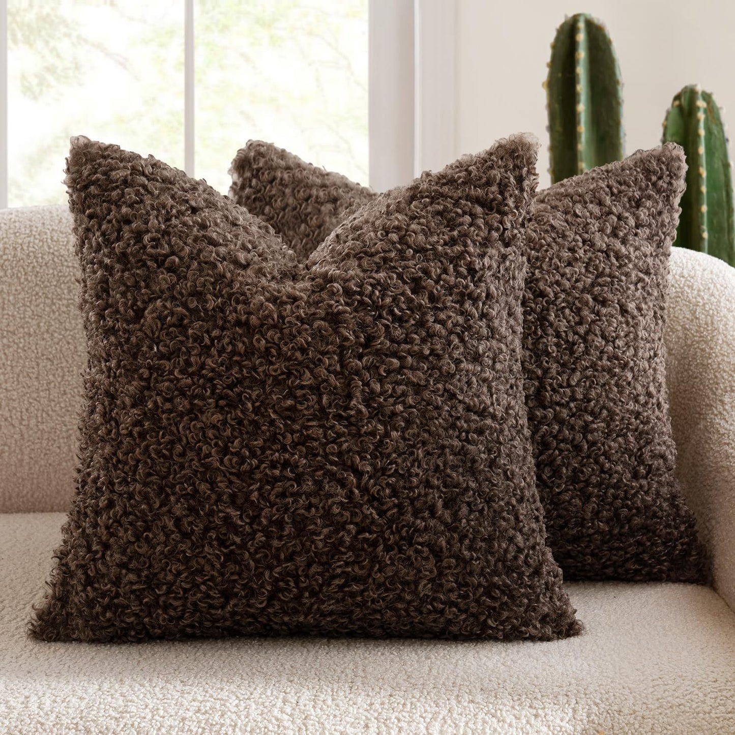 2 Pcs Coffee Cozy Teddy Boucle Cushion Cover - Plush Decorative Square Pillow Case for Sofa & Bed V888-ELOSUNG32855