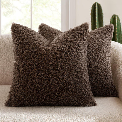 2 Pcs Coffee Cozy Teddy Boucle Cushion Cover - Plush Decorative Square Pillow Case for Sofa & Bed V888-ELOSUNG32855