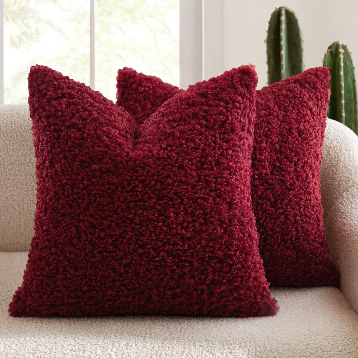 2 Pcs Red Cozy Teddy Boucle Cushion Cover - Plush Decorative Square Pillow Case for Sofa & Bed V888-ELOSUNG32856
