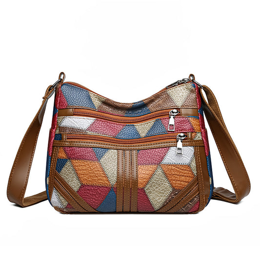 Colorful Vintage Geometric Patchwork Crossbody Bag - Women's Multi-Pocket PU Leather Shoulder Purse V888-ELOSUNG32873