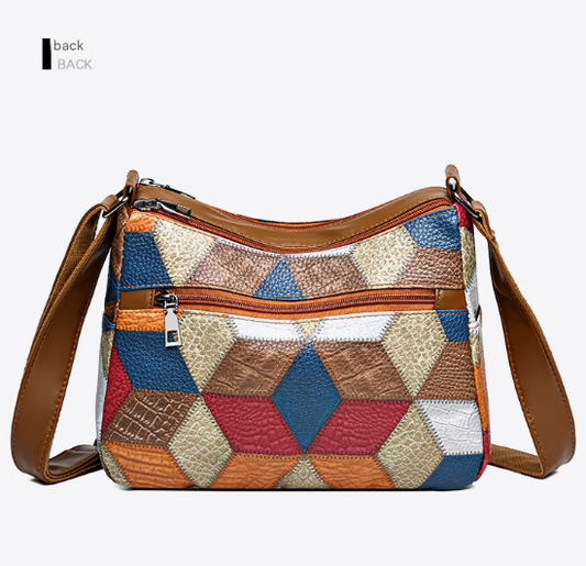 Colorful Vintage Geometric Patchwork Crossbody Bag - Women's Multi-Pocket PU Leather Shoulder Purse V888-ELOSUNG32873