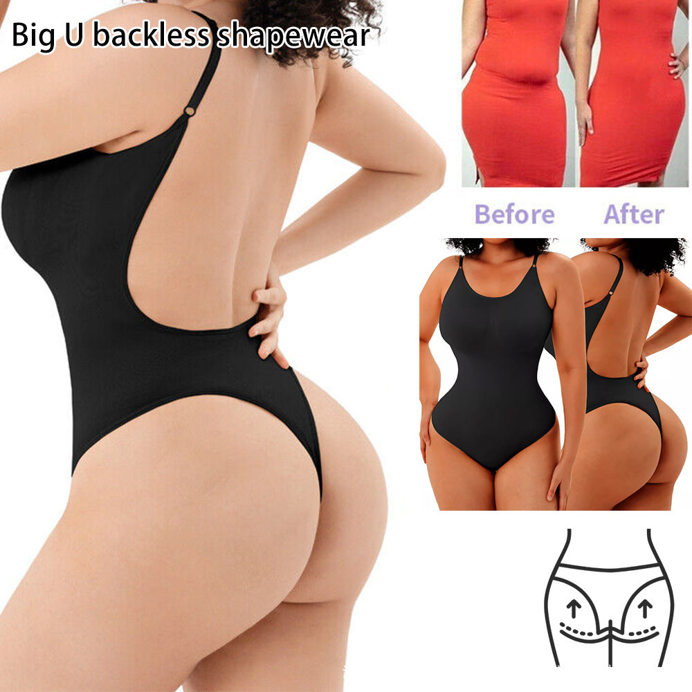 2 Pcs Size S Black Seamless Backless Bodysuit Shapewear - Deep U-Plunge Tummy Control Thong Shaper V888-ELOSUNG32874