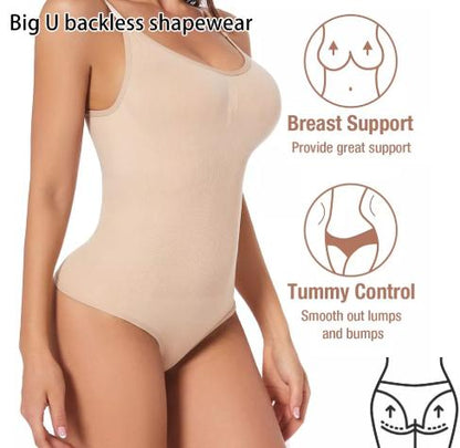 2 Pcs Size L Skin Color Seamless Backless Bodysuit Shapewear - Deep U-Plunge Tummy Control Thong Shaper V888-ELOSUNG32880