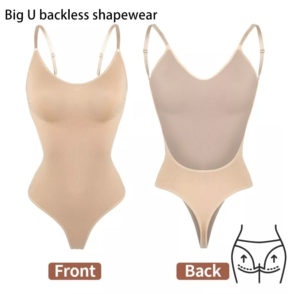 2 Pcs Size M Skin Color Seamless Backless Bodysuit Shapewear - Deep U-Plunge Tummy Control Thong Shaper V888-ELOSUNG32883