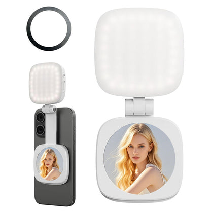 White Magnetic Foldable Selfie Light with Mirror - Rechargeable LED Fill Light for iPhone & Android V888-ELOSUNG32898