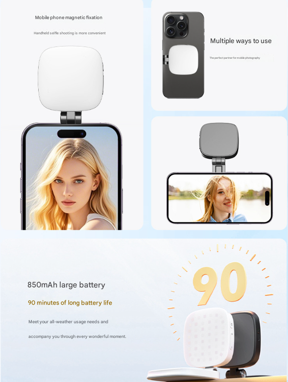 White Magnetic Foldable Selfie Light with Mirror - Rechargeable LED Fill Light for iPhone & Android V888-ELOSUNG32898