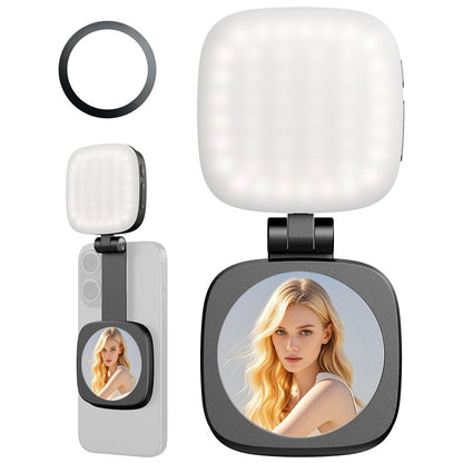 Black Magnetic Foldable Selfie Light with Mirror - Rechargeable LED Fill Light for iPhone & Android V888-ELOSUNG32899
