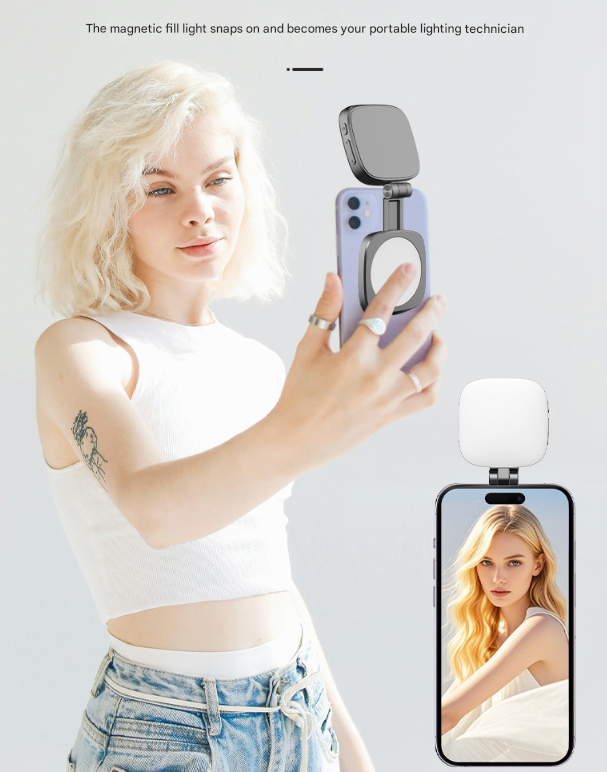 Black Magnetic Foldable Selfie Light with Mirror - Rechargeable LED Fill Light for iPhone & Android V888-ELOSUNG32899