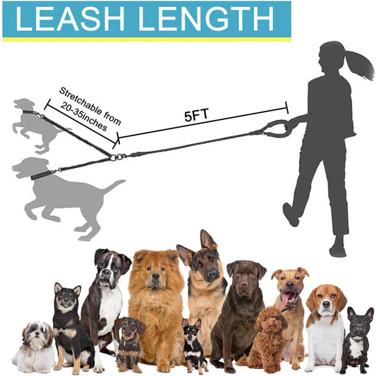 Black 3-in-1 Tangle-Free Dog Leash for 1-3 Dogs - Heavy Duty Bungee Coupler with Reflective Stitching & V888-ELOSUNG32908
