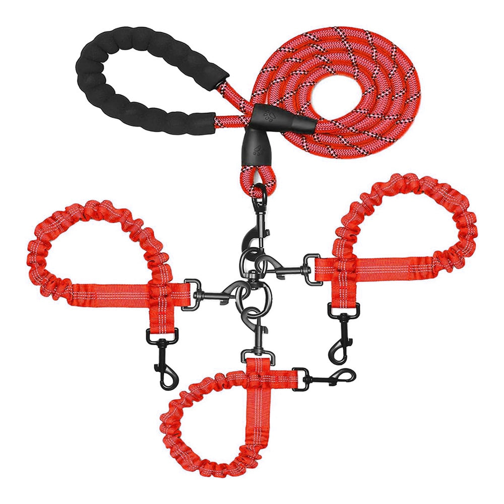 Red 3-in-1 Tangle-Free Dog Leash for 1-3 Dogs - Heavy Duty Bungee Coupler with Reflective Stitching & Padded V888-ELOSUNG32909