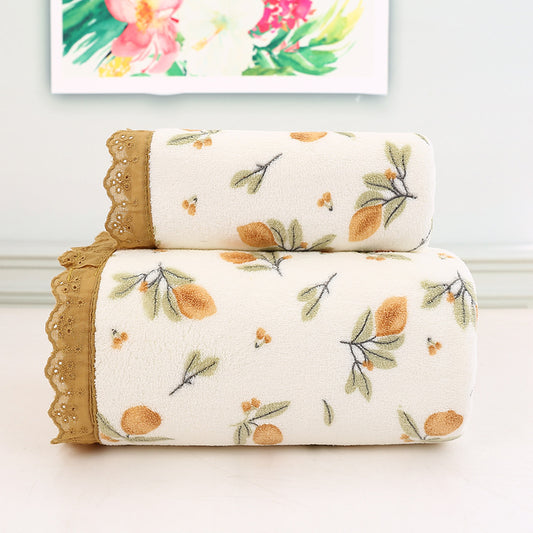 Beige Vintage Floral Lace Trim Towel Set - Ultra Soft Absorbent Coral Fleece Bath & Face Towel V888-ELOSUNG32914