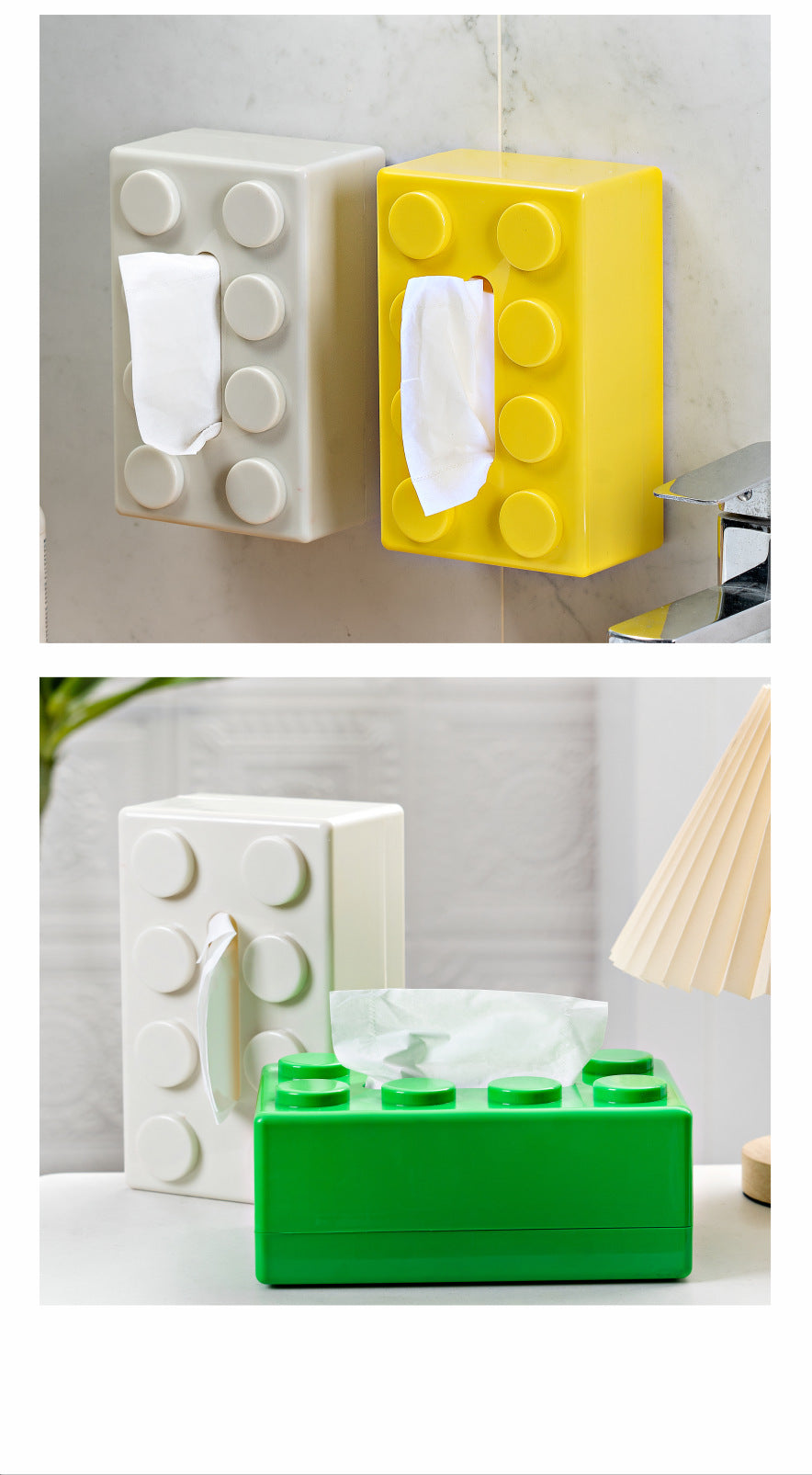 White 2 Pcs Creative Building Block Tissue Box Holder - Wall-Mounted & Desktop Dispenser for Bathroom, Kids V888-ELOSUNG32943