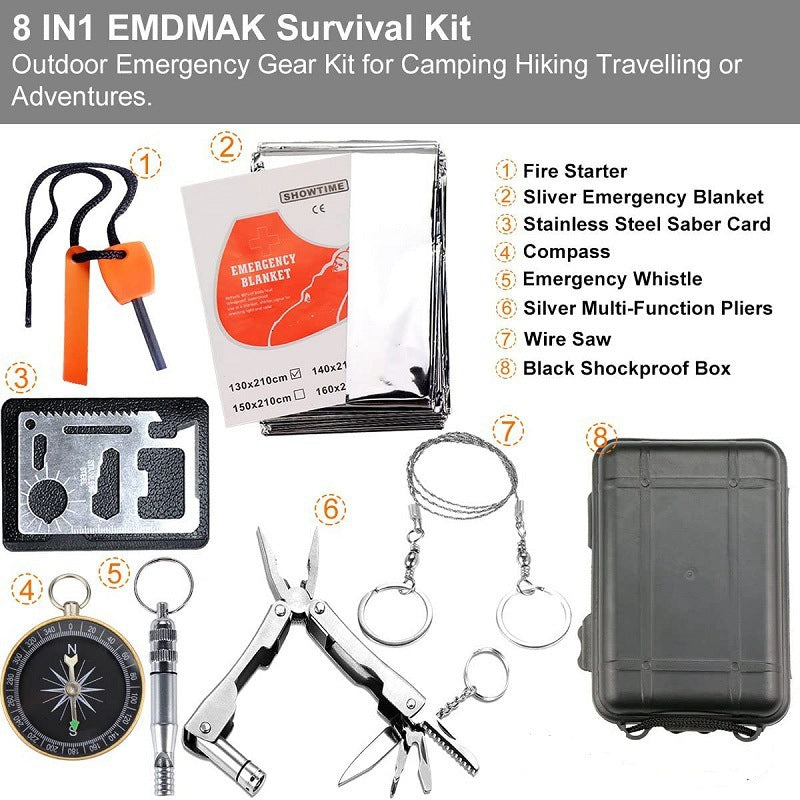 Black 8-in-1 Emergency Survival Kit - Compact Outdoor Gear for Camping, Hiking & Car V888-ELOSUNG32944