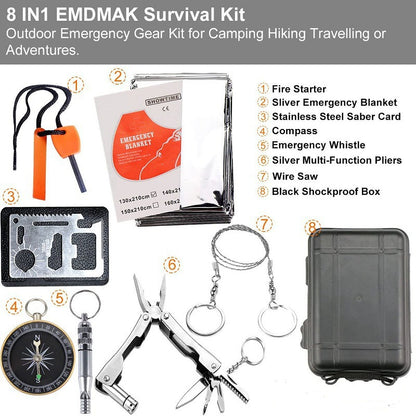 Black 8-in-1 Emergency Survival Kit - Compact Outdoor Gear for Camping, Hiking & Car V888-ELOSUNG32944