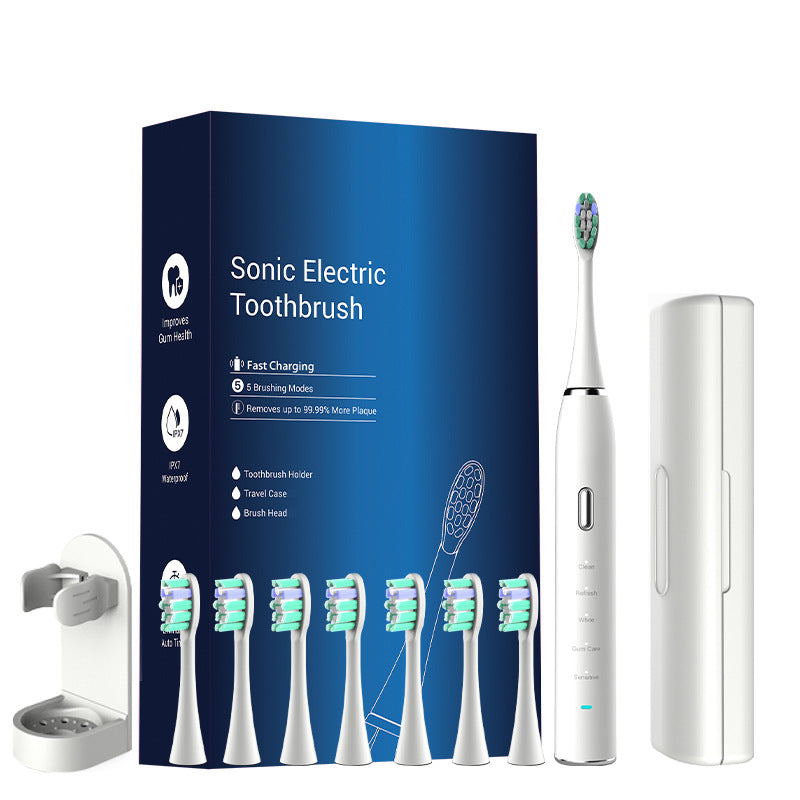White Sonic Rechargeable Electric Toothbrush with 8 Heads & Travel Case - 5 Brushing Modes & Smart Timer(USB) V888-ELOSUNG32946