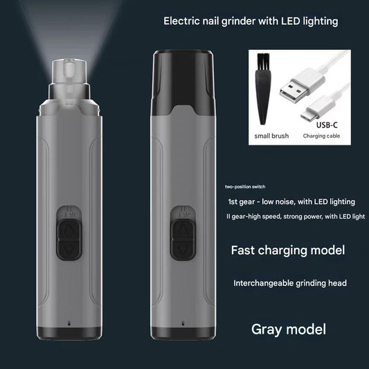 Grey Quiet Electric Pet Nail Grinder with LED Light - 2-Speed USB-C Rechargeable Trimmer for Dogs & Cats V888-ELOSUNG32950