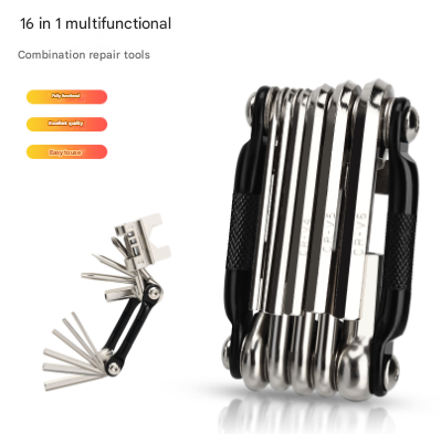 Black and Silver 16 in 1 Bicycle Repair Multi Tool - Compact Folding Bike Tool Kit with Chain Breaker for MTB V888-ELOSUNG32978