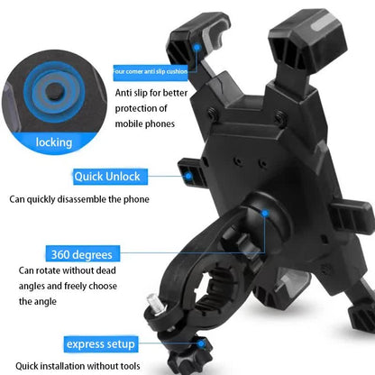 Black Secure Grip Bike Phone Mount - Adjustable 360 Rotation Bicycle Handlebar Holder, Universal Cradle for V888-ELOSUNG32979