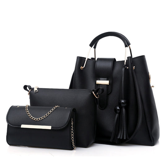 Black Chic 3-Piece Women's Handbag Set - PU Leather Tote, Crossbody Bag & Clutch Purse V888-ELOSUNG32991